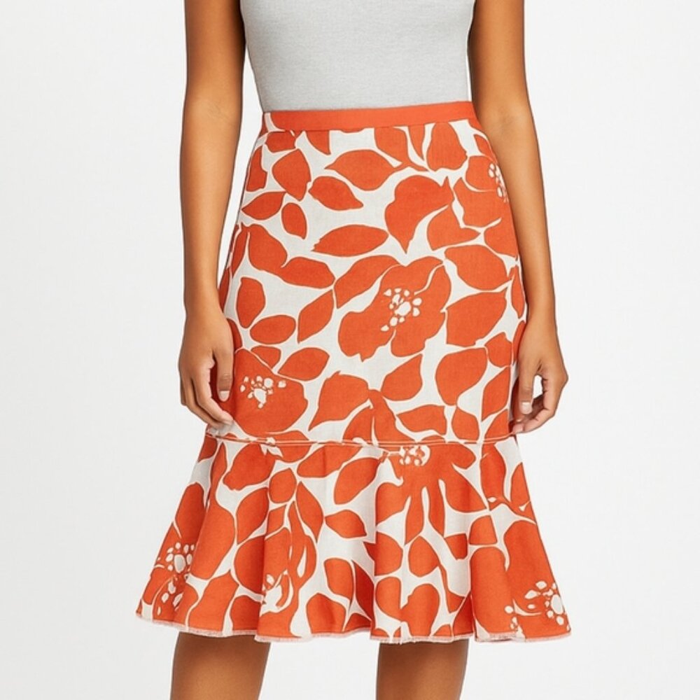 J. Crew Size 6 Orange Floral 100% Linen Trumpet Skirt Knee-Length Ruffle Flare